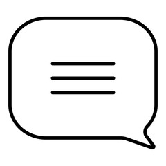 Outlined black glyph depicts a speech bubble with three horizontal lines inside. Line design signifies a message or a conversation.