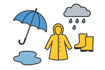 Weather elements depicted with an umbrella, raincoat, puddle, rain, and yellow boots in a simple design theme