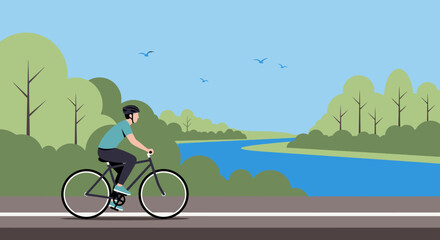 Naklejka premium Cyclist in helmet riding bicycle near river with green trees and birds