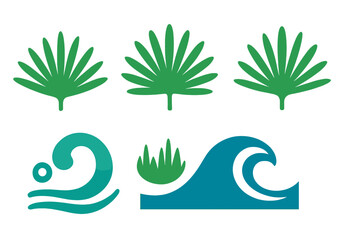 Graphic representation of tropical flora and ocean waves in a vibrant color scheme for design purposes