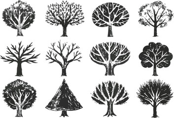 Fototapeta premium A vector illustration set of tree silhouettes with leaves and branches