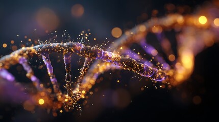 Elegant golden and purple DNA double helix dissolving into shimmering particles against dark bokeh background