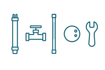 Various tools and fixtures for plumbing and bowling displayed on a clean background