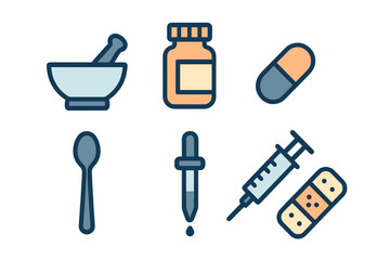 Medical tools and items including a mortar and pestle, pill bottle, capsule, syringe, dropper, and band-aid in simple design