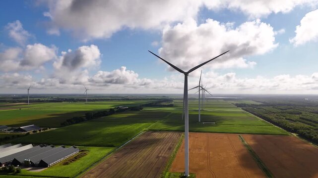 Wind turbines rotating in agricultural landscape under cloudy sky