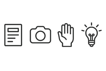 Icons representing documentation, photography, communication, and creativity in a modern design