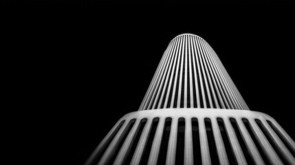 Tall cylindrical building with evenly spaced horizontal columns in black and white