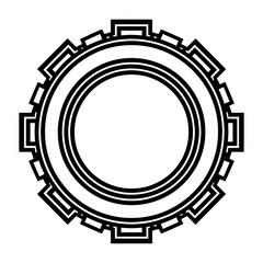 Ornate, black, circular, geometric frame.  Concentric rings, with a repeating, stepped, or notched, border