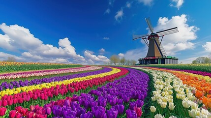 Colorful Tulip Fields and Windmill Under a Blue Sky