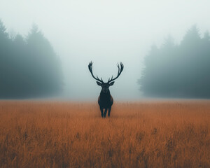 Obraz premium Majestic stag with large antlers stands in foggy meadow, surrounded by tall grass and trees. atmosphere is serene and mystical, evoking sense of calm and wonder