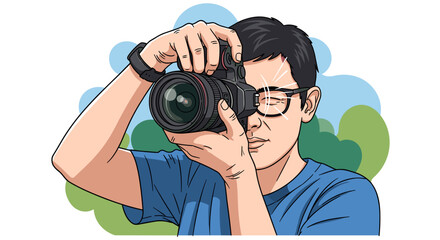 Photographer Aiming Camera, Capturing the Moment, Isolated Vector Illustration on White Background.
