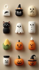 Colorful Halloween decorations featuring charming characters and festive themes on a neutral background