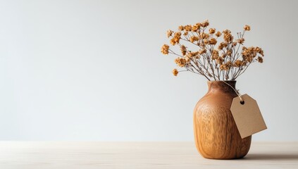Dried flowers in wooden vase, minimalist setting, blank tag, light background, home decor