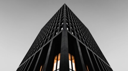 Modern high-rise building with dark facade and illuminated windows at night