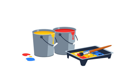 Two buckets of paint yellow and red with a paint roller tray and brush © Inkspirehub