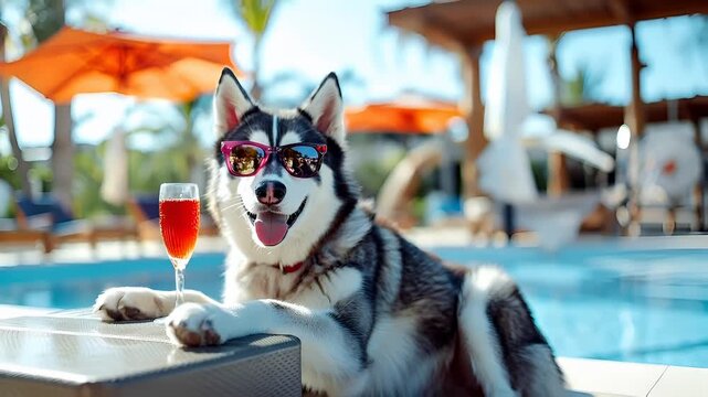 A husky dog with sunglasses and a glass of red beverage by a poolside poolside setting.