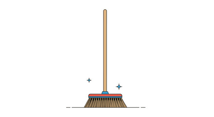 A simple wooden broom with stiff bristles standing upright on a clean white background