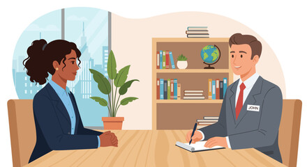 Diverse Professional Interview Illustration Depicting HR, Job Seekers, and Hiring Practices in Modern Offices.