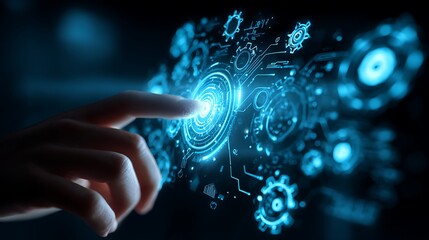 Hand interacting with futuristic digital interface, blue glowing circular tech elements
