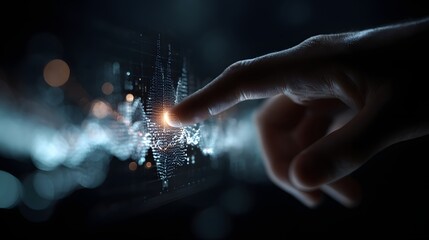A hand interacts with a holographic data display.