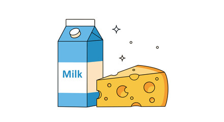 Illustrative graphics of wholesome dairy products featuring fresh milk and aged cheese for nutritional awareness