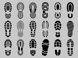 Shoe Sole Pattern Set – 20 Unique Tread Designs in Black Silhouette Style for Footwear Identification