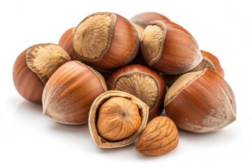 Fototapeta premium Pile of hazelnuts with one cracked open isolated on white background