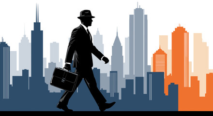 Silhouette Businessman Walking Confidently with Briefcase Against Abstract Cityscape Background Design Presentation.