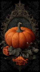 Detailed illustration of an orange pumpkin surrounded by dark leaves and floral designs on a black background during autumn season
