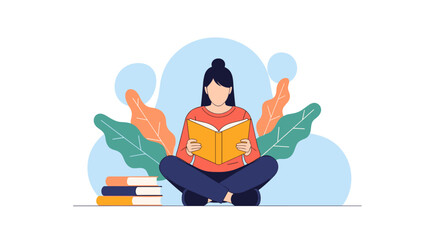 A young woman sits comfortably cross legged engrossed in reading an open book with a stack of books beside her surrounded by stylized foliage
