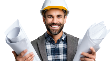 Smiling man in a hard hat holding architectural blueprints on white background.