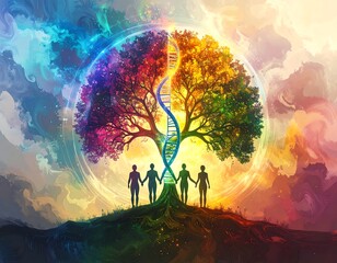 Colorful tree of life, DNA, humans