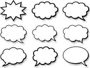 Speech Bubble Icon Set – 9 Black-Outlined Comic Dialog Shapes in Grid Layout