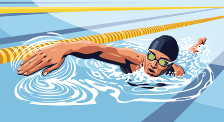 Powerful swimmer gliding through blue water in a vibrant illustration of athleticism and determination.