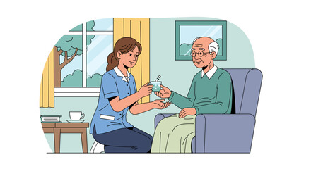 Caring Hands: Compassionate Nurse Offering Water to Elderly Man in Cozy Home Environment