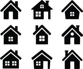 House Icon Set – 9 Black Building Silhouettes with Varying Roofs, Windows, and Chimneys