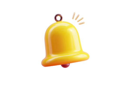Yellow notification bell isolated on transparent background in 3D render