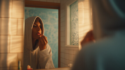 Person in hoodie applying lipstick in bathroom mirror.