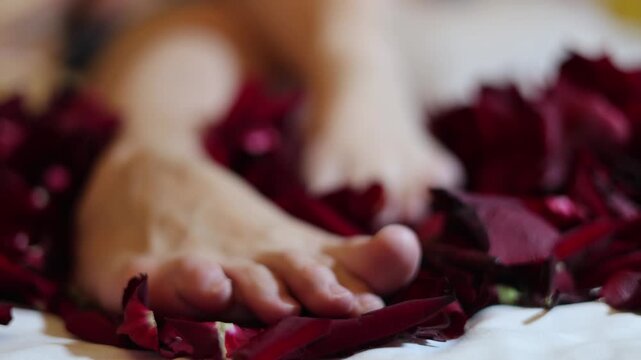 Horizontal 4K defocused video close up with selective focus. Bare female shaved legs move, wiggle, lift, stir, kick red rose petals. White woman in hotel bed room. Valentine's day, love, holiday. Foot