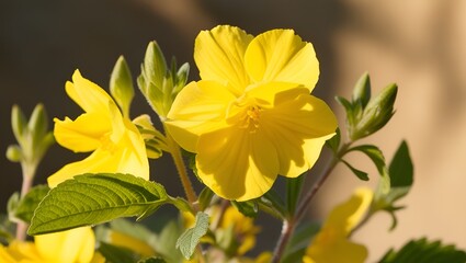 Obraz premium Close-up of vivid yellow Oenothera blossoms and fresh green leaves, blooming in the garden.