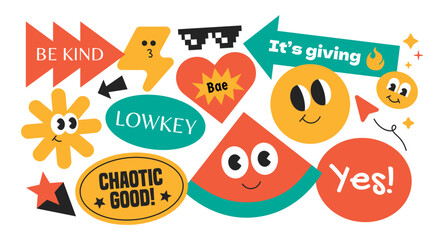 Playful shapes, Gen Z quotes, and geometric elements vibrant collection of groovy and trendy stickers, patches, and badges.