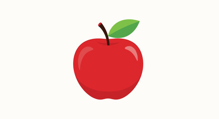 Glossy Red Apple Illustration with Green Leaf Against Clean White Backdrop Presentation