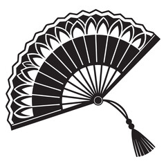 Stylish black and white hand fan with intricate lace design isolated on white background, a classic asian accessory