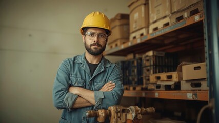 A determined, professional male warehouse worker with a beard, a yellow hard hat, and safety glasses stands with his arms crossed, ready for work