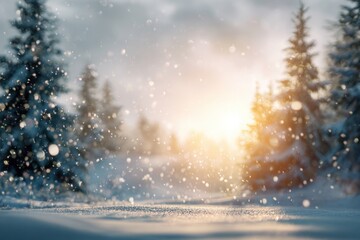 Naklejka premium Blurred winter forest with falling snow. Snowfall many dust freeze granules. Blur bokeh snowy backdrop with pine trees. Christmas poster, banner. Dreamy, foggy blue purple sky, orange sun rays light