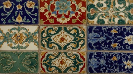 Colorful decorative tiles with intricate floral patterns.