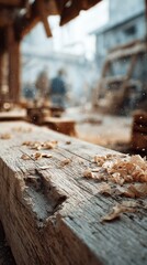 Wood shavings scatter atop a weathered workbench in a bustling workshop during daylight hours