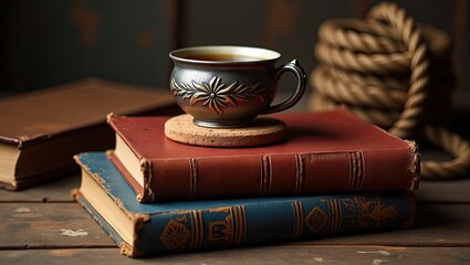 Naklejka premium Antique books and a cup of tea on a wooden table.