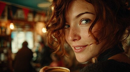 Fototapeta premium Portrait of a Young Cheerful Marketing Manager Enjoying Coffee Break at Cozy Cafe Warmly Smiling at the Camera with Casual Charm During Relaxing Afternoon at Local Coffee Shop