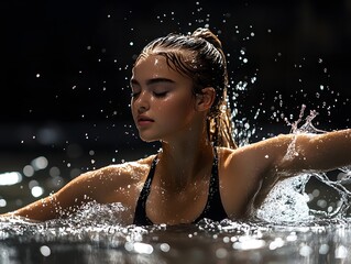 Obraz premium Serene and captivating image of a young woman swimming elegantly in a dark sparkling pool at night creating a dramatic cinematic atmosphere